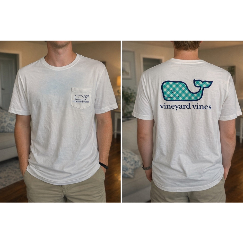 Men’s Vineyard Vines White Gingham Whale Pocket Tee Shirt Size L Pima Cotton